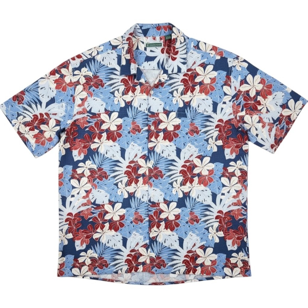 Cubavera Floral Tropical Button Up Shirt Mens XL Blue Red Rayon Hawaiian Aloha
